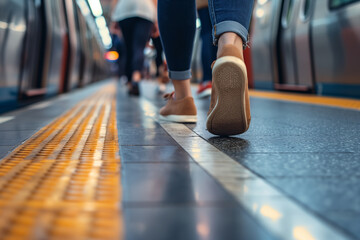 Close-up of woman's feet walking in metro, busy platform with passing trains