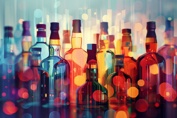 Vibrant alcohol bottles with colorful bokeh, suitable for festive celebration concepts, with copy space for text - obrazy, fototapety, plakaty