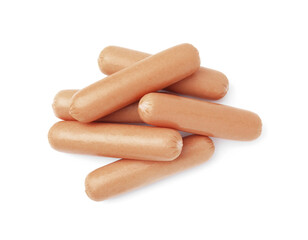 Delicious boiled sausages on white background, top view