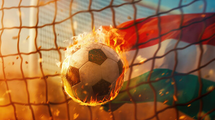 Soccer ball on the net with flag of Hungary in the background. Concept of 2024 UEFA European Football Championship