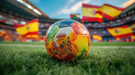 Soccer ball with flags of Spain on the background of the stadium. Concept of 2024 UEFA European Football Championship