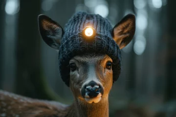 Deurstickers A roe deer with a lantern on its head stands in a dark forest © Александр Лобач