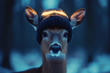 Gordijnen A roe deer with a lantern on its head stands in a dark forest © Александр Лобач