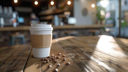 Coffee cup and coffee beans on wooden table in coffee shop. Coffee to go concept 