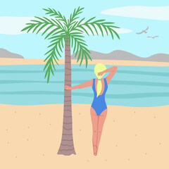 blonde girl hold on palm tree and see on sea, summer time. Vector Illustration for backgrounds and packaging. Image can be used for greeting cards, posters and stickers. Isolated on white background.