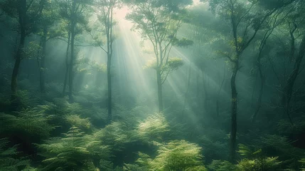 Foto auf Alu-Dibond Mountain forest with light beams. Generative AI. © visoot