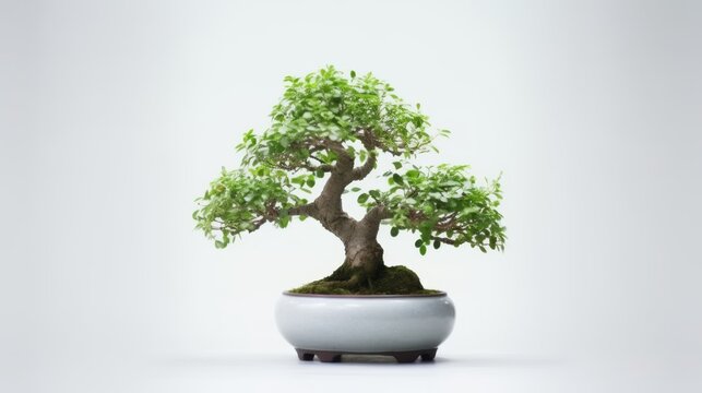 a bonsai tree with white background. Negative space. Free space for text. Generative AI