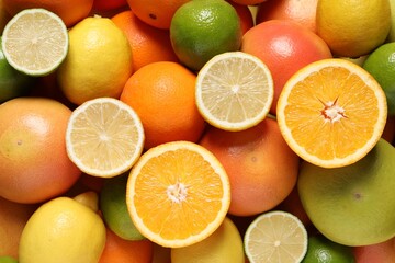 Different fresh citrus fruits as background, top view