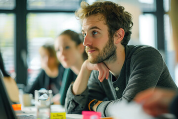 Portrait of a man participating in a brainstorming session. A slide background for showcasing the brainstorming process. Created with Generative AI technology.