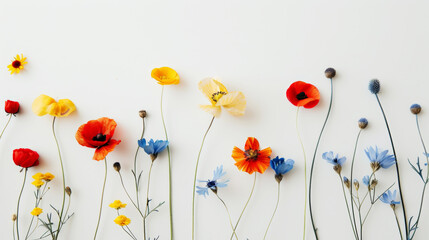 Top view of fresh red poppies, blue and yellow wildflowers. Light background. Boho style. Generative AI