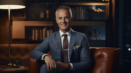 Naklejka na ściany i meble A seasoned businessman consultant's portrait captures the essence of success, his smile conveying warmth and accomplishment, bathed in soft, flattering light