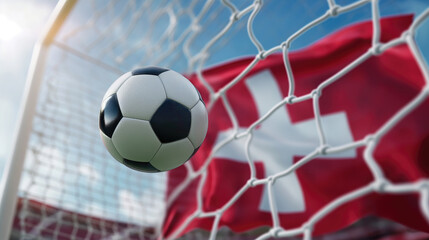 Soccer ball and Switzerland flag on the background of the football goal. Concept of 2024 UEFA European Football Championship
