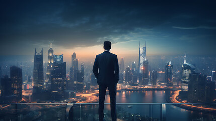 Fototapeta na wymiar A confident businessman consultant, his gaze unwavering as he stands before a panoramic cityscape, symbolizing his mastery of the urban landscape