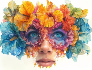Portrait of a woman with floral face paint and a flower in her hair against a white background