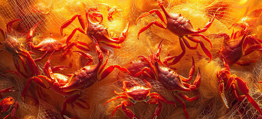 Crabs in the net lots of red crabs in the net catching crabs. Generated AI. - obrazy, fototapety, plakaty