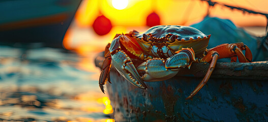 Crabs lying in boat in background sunset bokeh and glare catching crabs. Generated AI. - obrazy, fototapety, plakaty