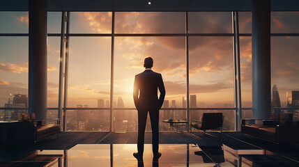 A confident businessman consultant, his silhouette outlined against a backdrop of floor-to-ceiling windows, commanding the attention of the viewer with his magnetic presence - obrazy, fototapety, plakaty
