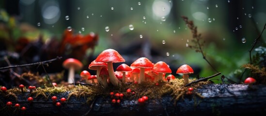 A cluster of vibrant red mushrooms is flourishing on a decaying tree stump amidst the natural landscape of the forest, providing a pop of color in the terrestrial plantfilled environment
