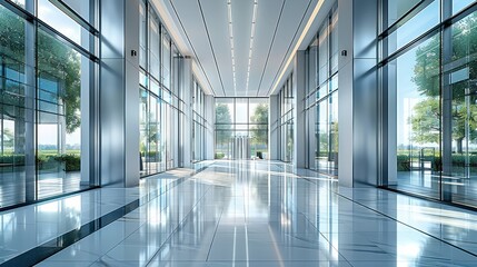 Modern entrance hall with glass curtain walls on the left and right sides of white building blocks. Generative AI. - obrazy, fototapety, plakaty