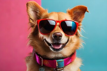 Dog wearing sunglasses. Happy and cool, ready to bring the rizz on a colorful background vacation. Generative AI
