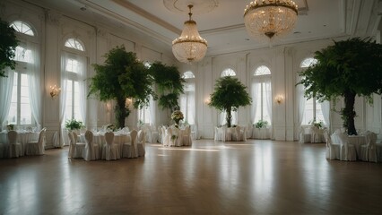 Inside an elegant ballroom, white classic ballroom, bright room, with some beautiful green trees inside the ball room, shot by canon 200mm lens,


