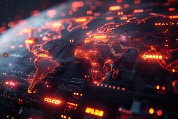 A futuristic neural network interface showcasing world map power lines professional photography