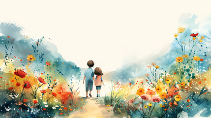 Watercolor illustration of two children holding hands in a vibrant flower field, with ample space for text, ideal for themes of childhood, nature, or friendship - obrazy, fototapety, plakaty