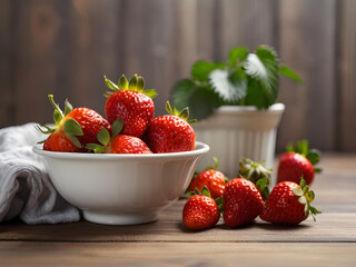 Strawberries in a white bowl on a wooden table.