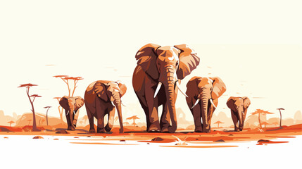 A family of elephants trekking through an arid sava - obrazy, fototapety, plakaty