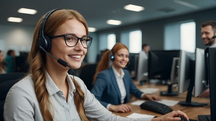 Call center, young woman and smile in contact us with CRM, headset with mic. Customer service consultant, happy female and telemarketing with sales and help desk - obrazy, fototapety, plakaty