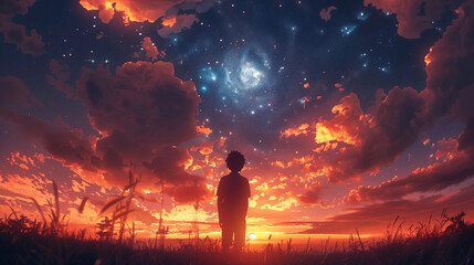 Silhouetted person standing in grass watching a dramatic sunset that transitions into a starry galaxy, representing contemplation and the vastness of the universe - space for text