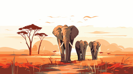A family of elephants trekking through an arid sava
