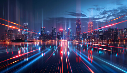 modern and majestic city views, Reflective Urban Night Scenes with futuristic Speed ​​of Light