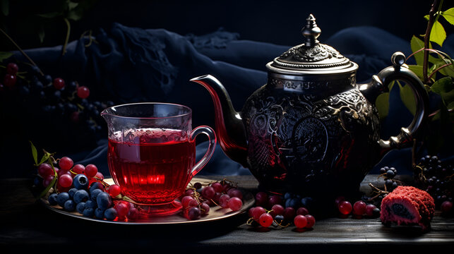 Berry tea with teapot, dark photo, cope space 