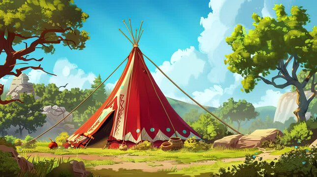Sunlit Haven: Indian Tent Bathed in Sunshine on a Clear Day Seamless looping 4k time-lapse virtual video animation background. Generated AI