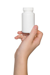 Hand holding blank mockup white jar of vitamins on transparent  background, closeup. bottle of medication pills