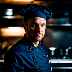 Portrait of a brutal chief-cooker in a blue uniform and cap in a dark restaurant kitchen.