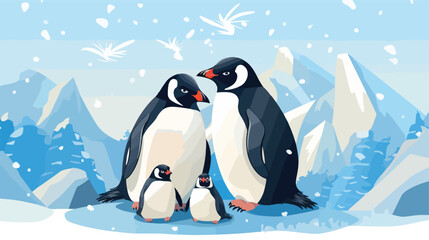A family of penguins huddled together for warmth on