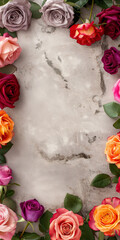 Colorful roses on marble texture background. Assorted roses bordering a marble textured backdrop with copy space