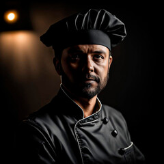Portrait of a brutal chef in a black cap and black uniform on a dark background. - 756384791