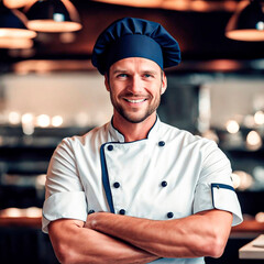 Portrait of a smiling chief-cooker in a white uniform and a blue cap against the background of a restaurant kitchen. - 756384792