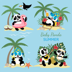 Collection of cute little pandas on summer holiday.