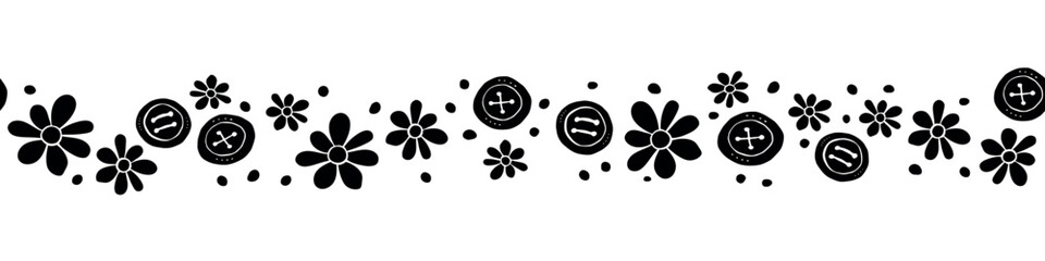 Vector wide edging, ribbon, border from flat black small flowers and buttons. Nature seamless pattern, ornament, decorative element