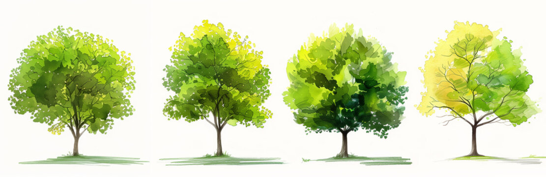 Fototapeta Four stylized watercolor trees in varying shades of green, representing different seasons, isolated on white background for environmental themes or seasonal designs with ample space for text