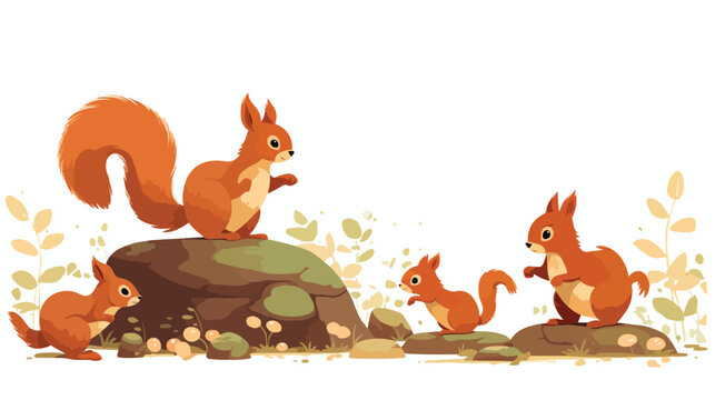 A family of red squirrels gathering and storing aco