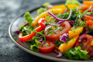 Close-up of a Fresh, Organic garden salad with tomatoes. Greens. Lettuce. Bell peppers. Arugula. And microgreens. A healthy and colorful vegan and vegetarian side dish. On a plate - obrazy, fototapety, plakaty