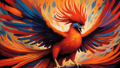 Obraz premium A painting of a chicken with fiery feathers and menacing eyes.