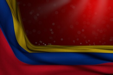 nice dark picture of Colombia flag lying in corner on red background with soft focus and empty space for text - any holiday flag 3d illustration..