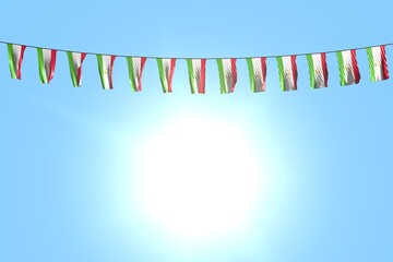 beautiful national holiday flag 3d illustration. - many Tajikistan flags or banners hanging on string on blue sky background