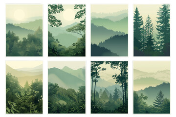Set of eight tranquil forest and mountain landscape illustrations in muted green tones, ideal for backgrounds or environmental themes with space for text